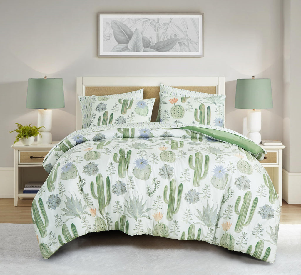 Gregory 7-Piece Serene Lodge Bed in a Bag Comforter Set - Green Blue Cactus Succulent Plant Printed Microfiber