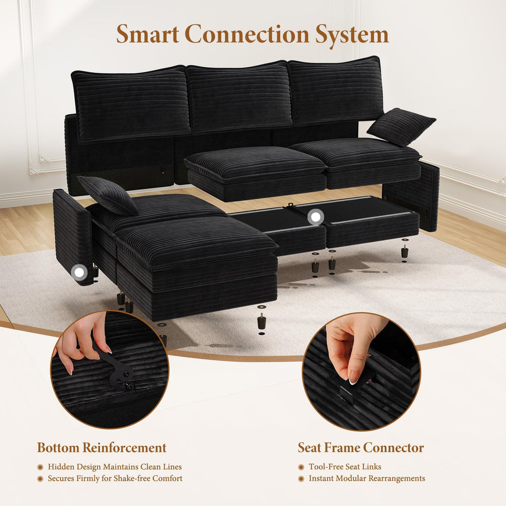 169" U Shaped Sectional Modular Couch, Comfy Cloud Sofa, Black