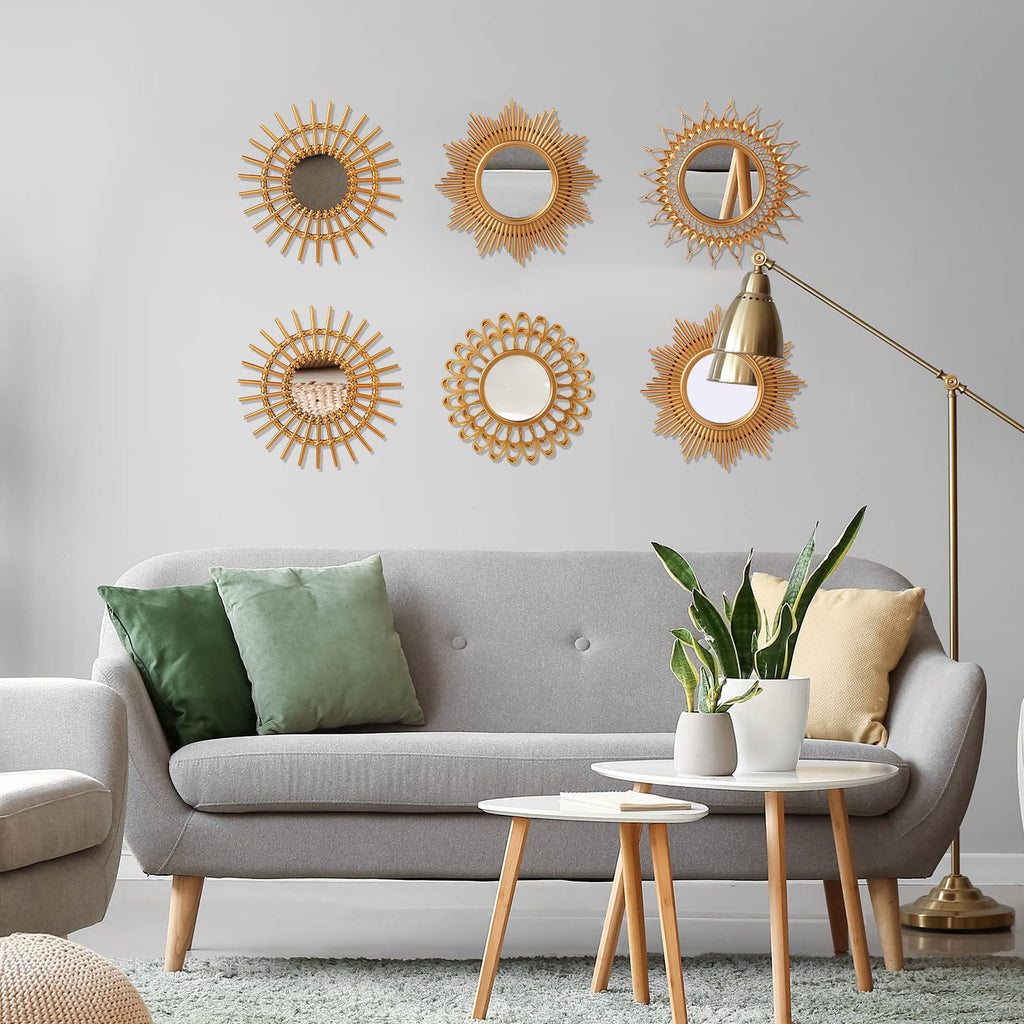6 Pcs Sunburst Round Mirror for Wall Decor, Classic, Gold