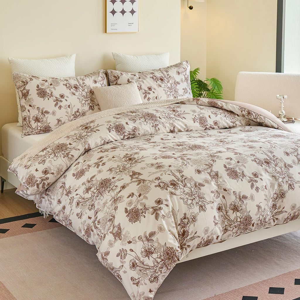 Brown Floral Duvet Cover Set 100% Percale Cotton Shabby Vintage Toile Flower Printed Comforter Covers with