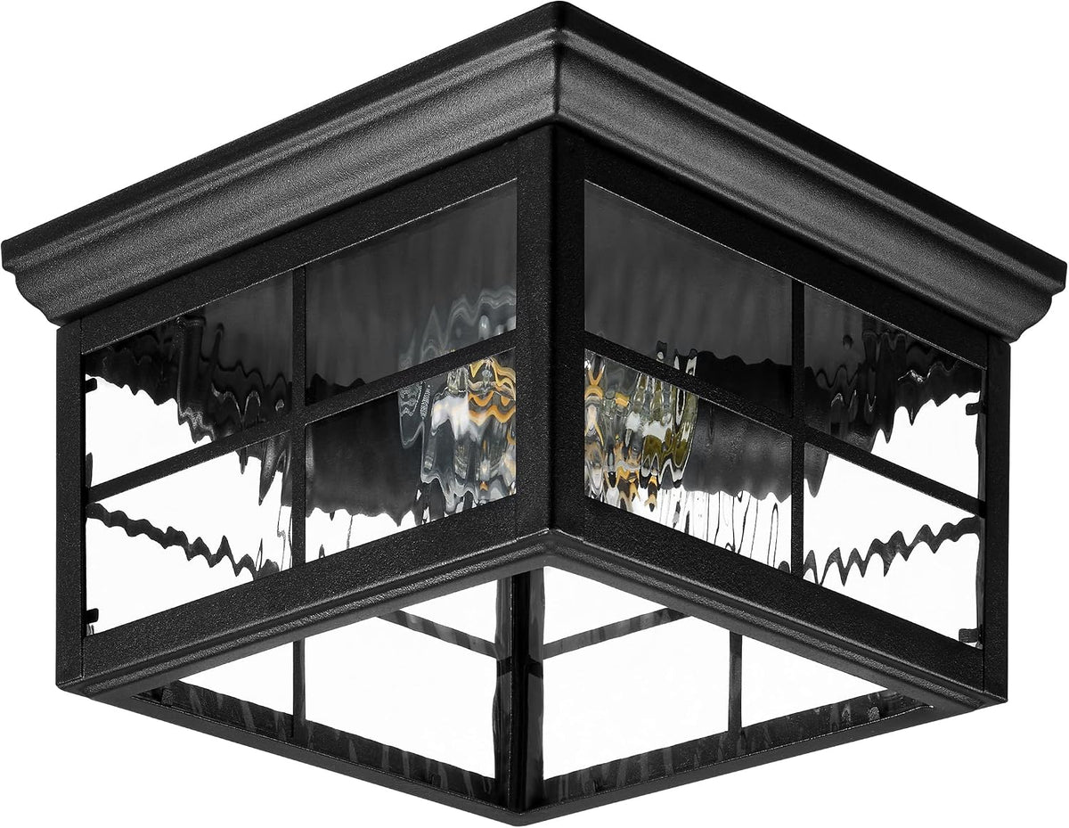 Outdoor Flush Mount Ceiling Light Fixture, Black with Water Glass | Square Farmhouse Porch or Patio Light