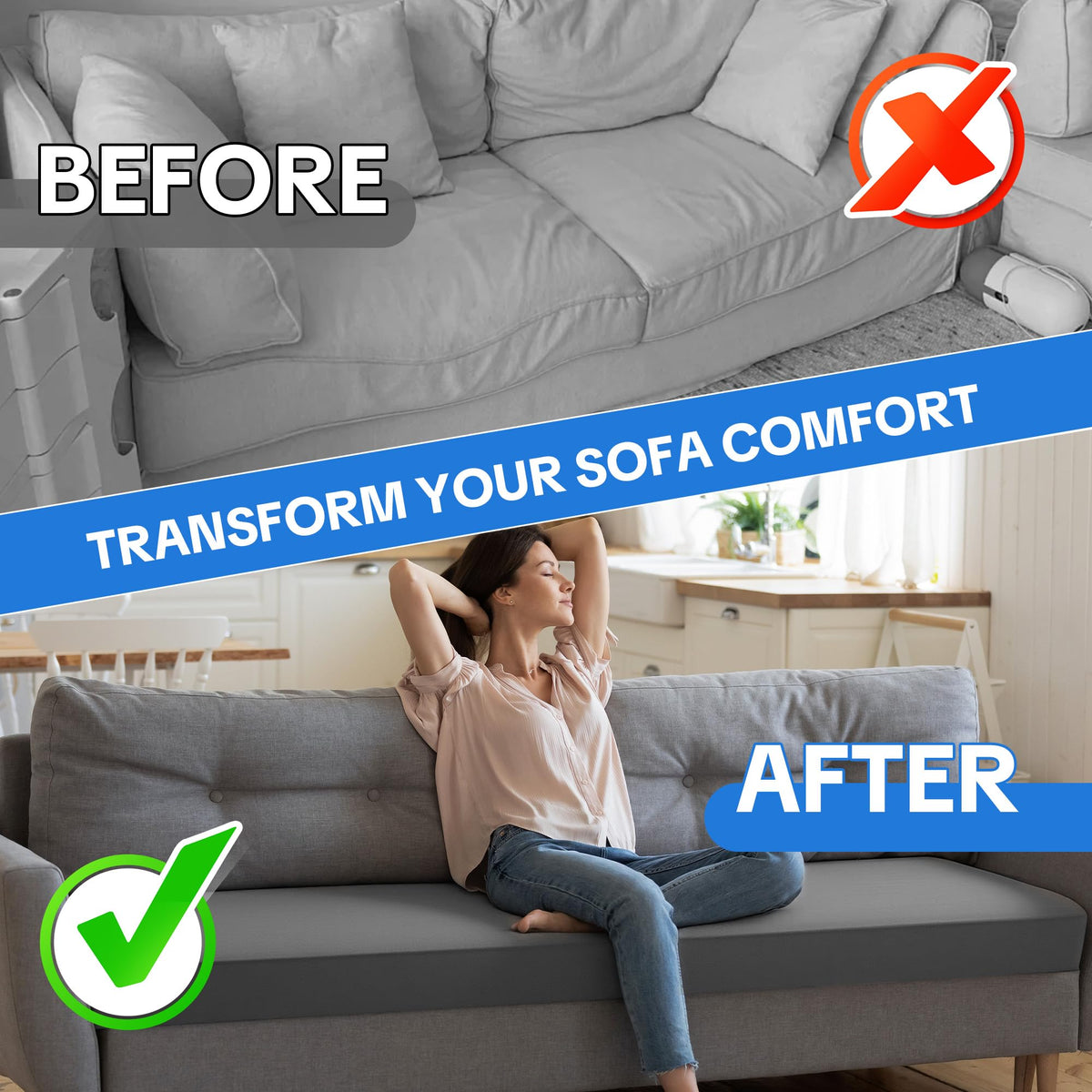 3 Inch Foam Sofa Topper Pad, Foam Couch Top Pad with Removable Washable Cover, Couch Cushion for Enhanced Comfort &
