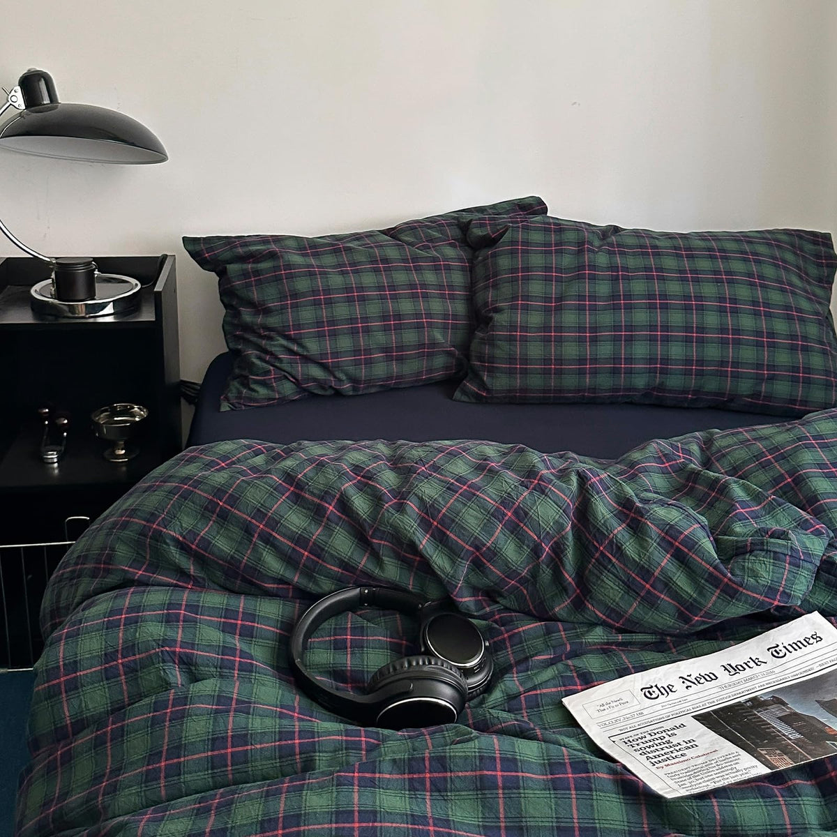 Vintage Forest Green Plaid Duvet Cover Set, 3 Piece Retro Tartan Bedding Collection with Navy Check