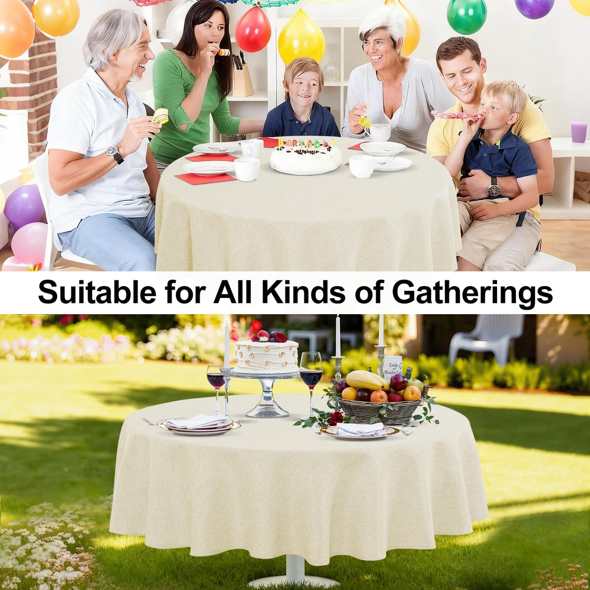 Round Table Cloth Faux Linen Farmhouse Tablecloth Wrinkle & Stain Resistant Table Cover Dining, Holiday Party Dinner