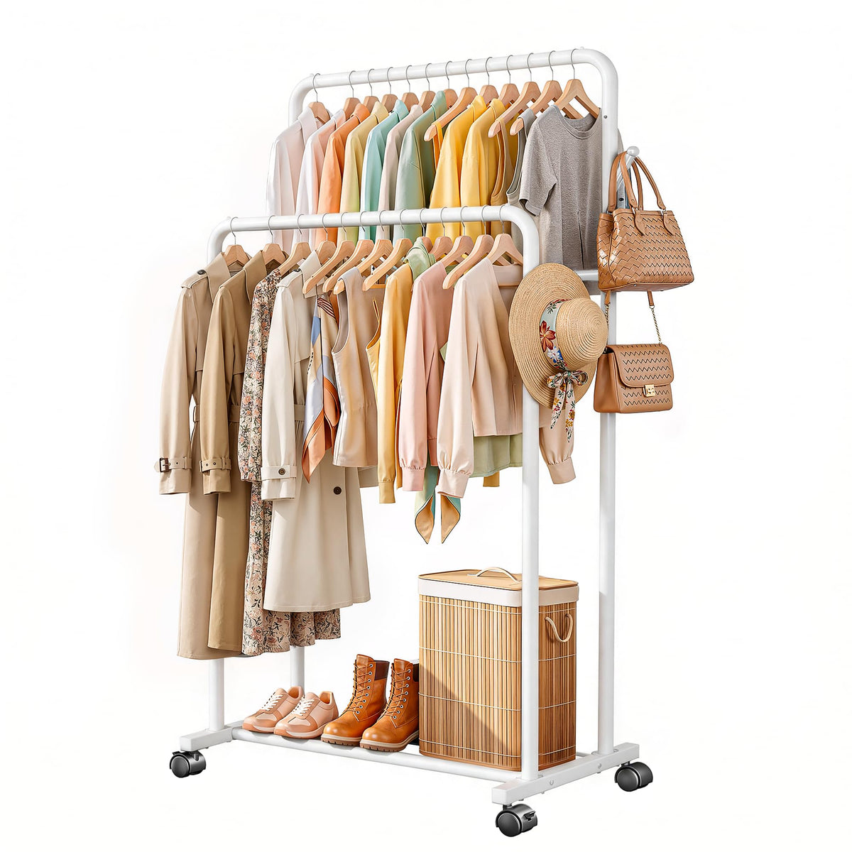 Double Rods Clothing Rack for Hanging Clothes, Portable Wardrobe Closet Rack, Metal Garment Rack with Rolling Wheels