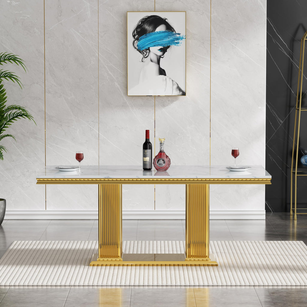 68 in Faux Marble Dining Table for 4-6, White Marble Dining Table with Gold Stainless Steel Base, Luxury Rectangular
