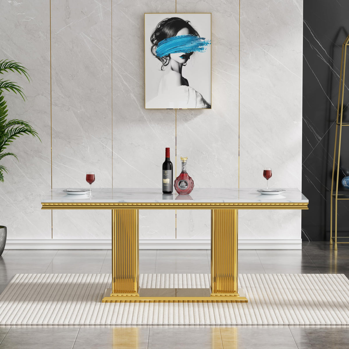 68 in Faux Marble Dining Table for 4-6, White Marble Dining Table with Gold Stainless Steel Base, Luxury Rectangular