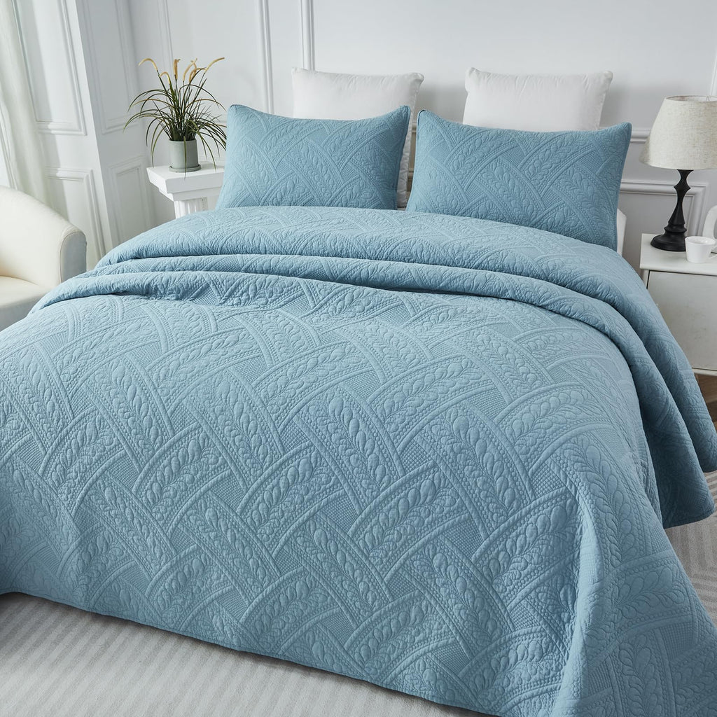 Queen Size Quilt Set Cotton Blue Matelasse Coverlet Set Elegant Quilted Bedding Set 3-Piece