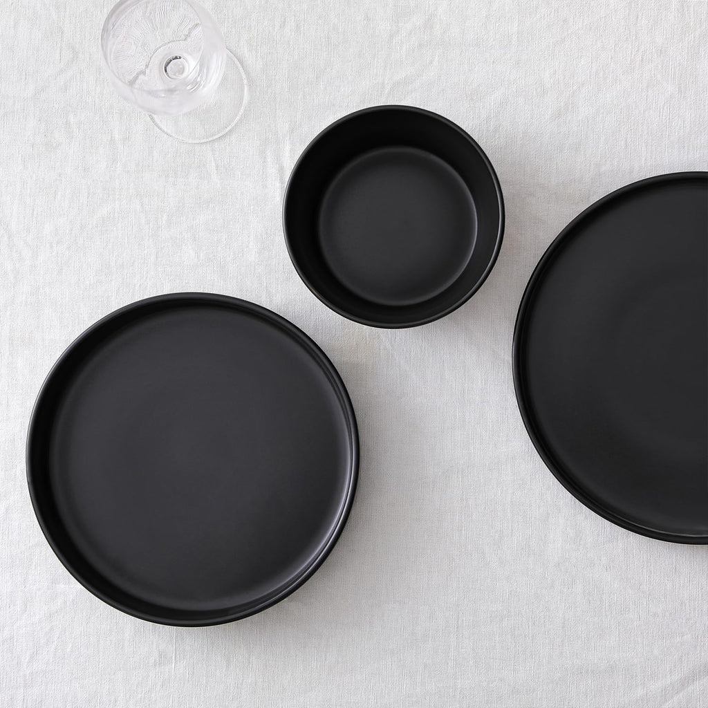 Lain Celina Stoneware 12-Piece Dinnerware Set, Cereal and Pasta Bowls, Black, Coupe