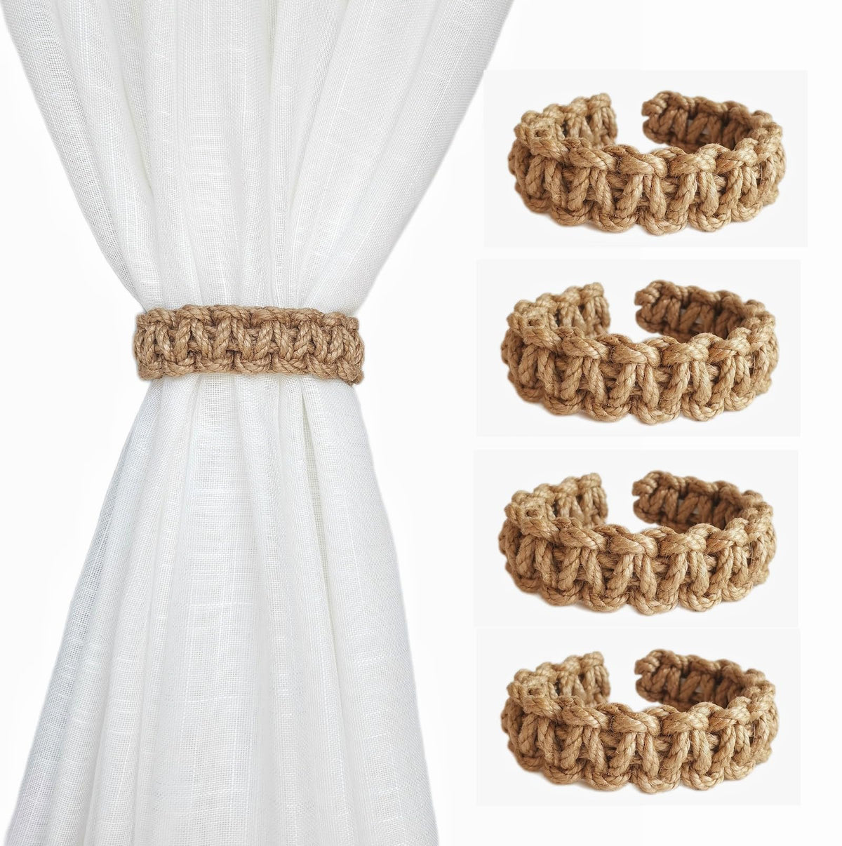 Braided Outdoor Curtain Tiebacks for Drapes, Rustic Curtain holdbacks 4 Pack, Handmade Decorative Curtain Ties