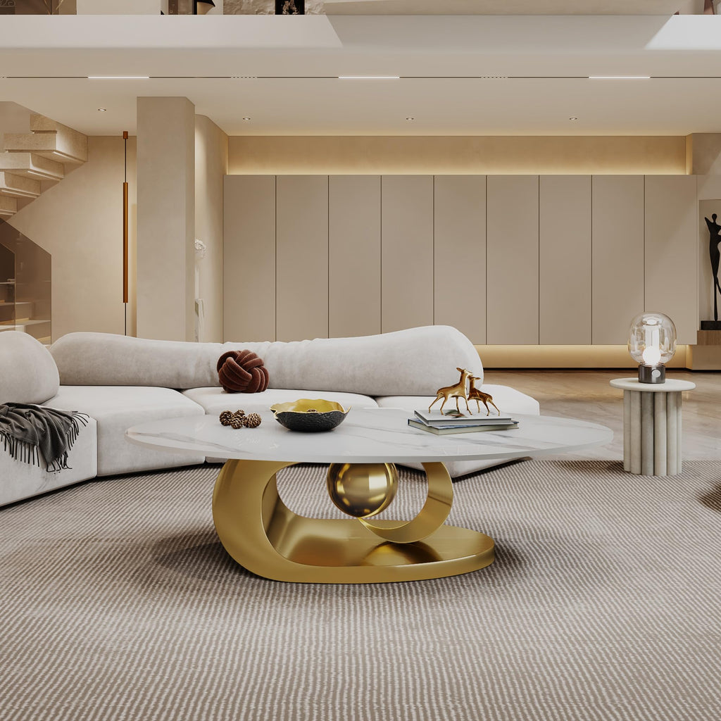 Inspired Saarinen Style Modern Coffee Table with Gold Stainless Steel Pedestal, Oval