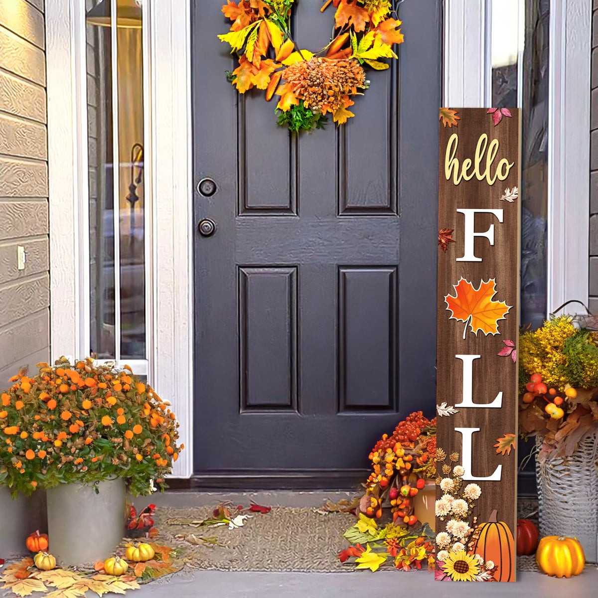 Hello Fall Porch Sign, Maple Sign for Front Porch, Dahlia Sunflower Wooden Sign Yard, Vertical Wood Sign Standing
