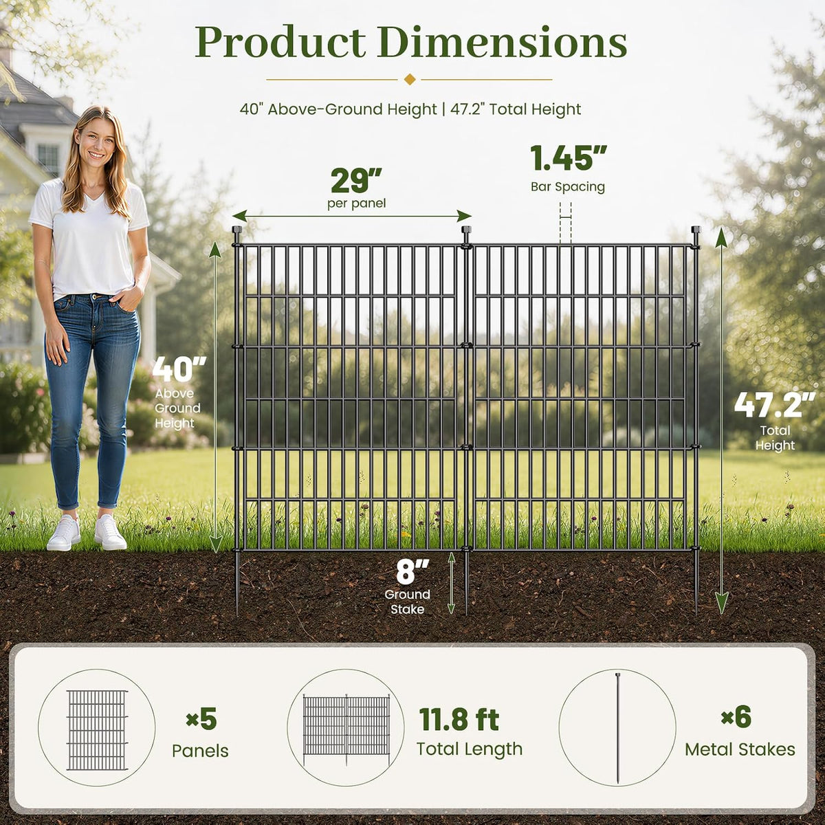 No-Dig Decorative Outdoor Garden Fence for Yard, Animal Barrier Fencing for Dog | Rustproof Metal Temporary Fence for (5 Panels)