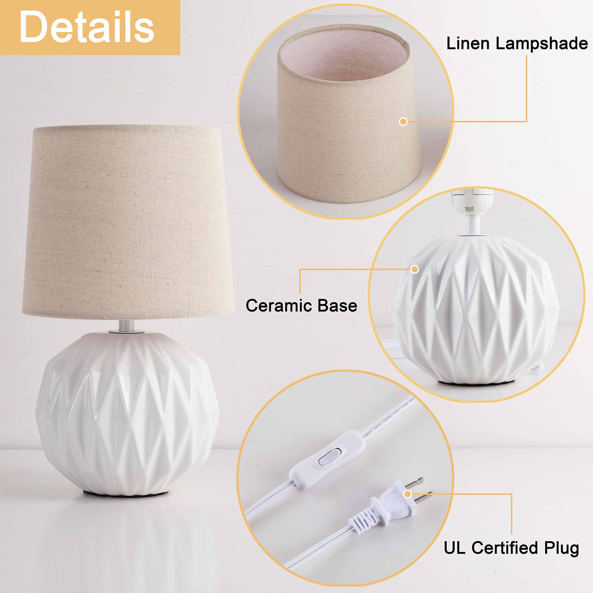 White Ceramic Table Lamp, Geometric Textured Small Bedside Lamp with Linen Shade, Mid Century Modern Nightstand Lamp