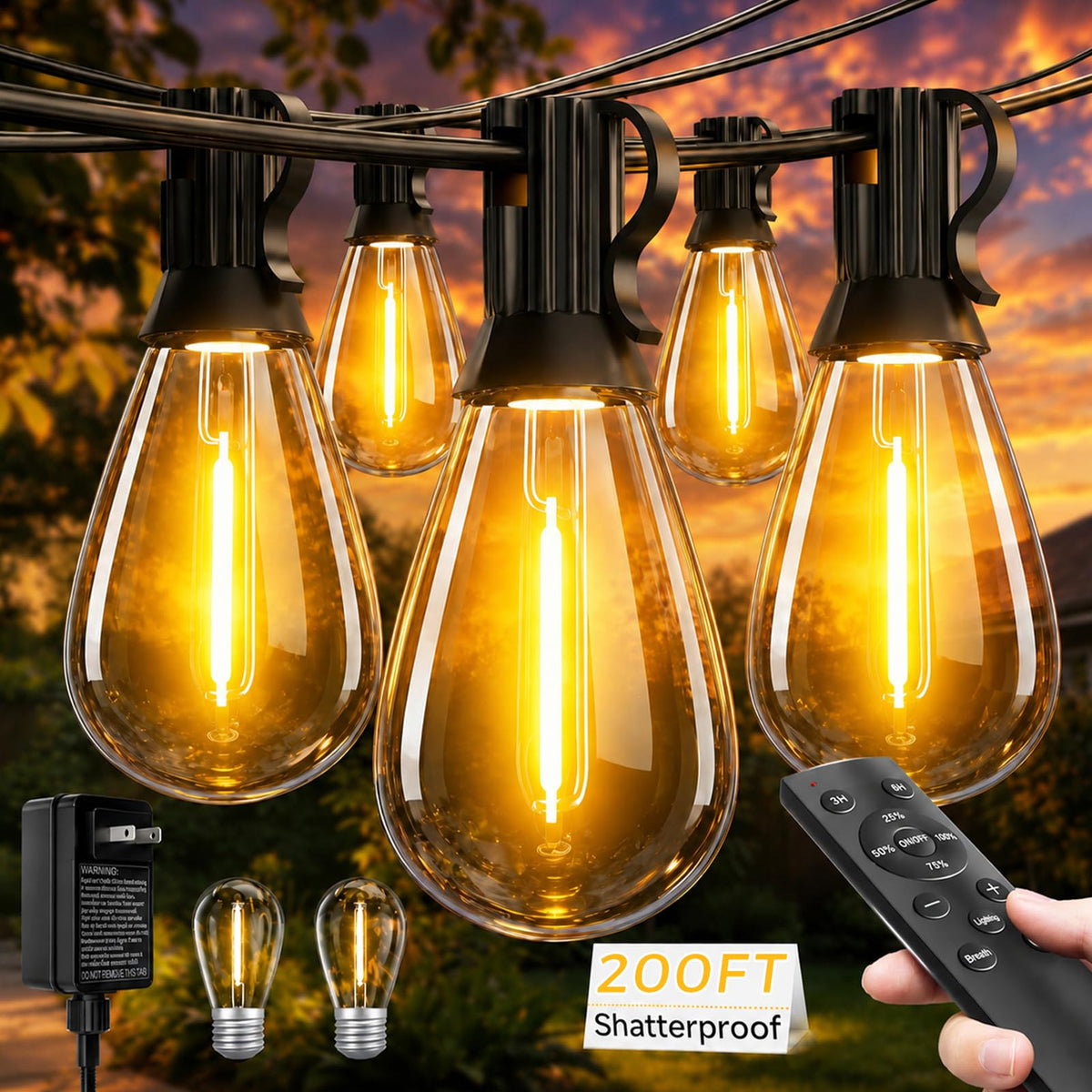 LED Outdoor String Lights with Remote, 72+2 Shatterproof Bulbs Dimmable Timing 3 Light Modes Outside Patio