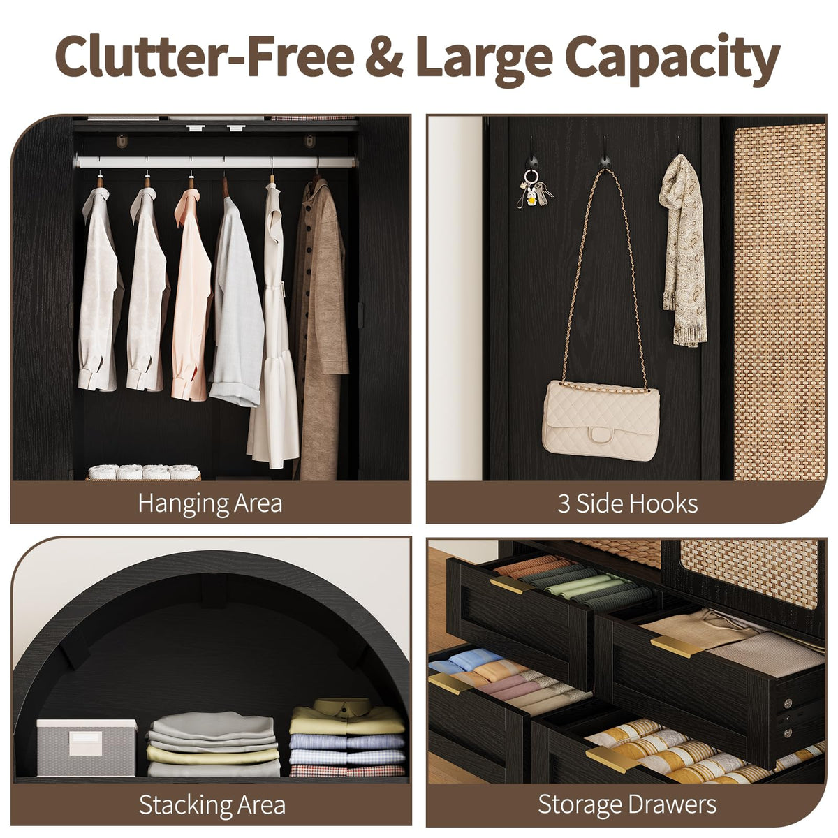 Armoire Wardrobe Closet with 4 Drawers - Wood Bedroom Armoires and Wardrobes with Rattan Doors for Hanging Clothes