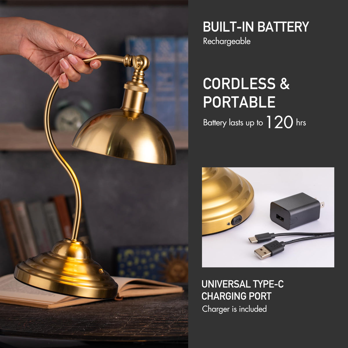 Bankers - Cordless LED Table Lamp, Battery-Operated, Rechargeable, 3-Level Dimming, Universal USB-C Charging, 180°