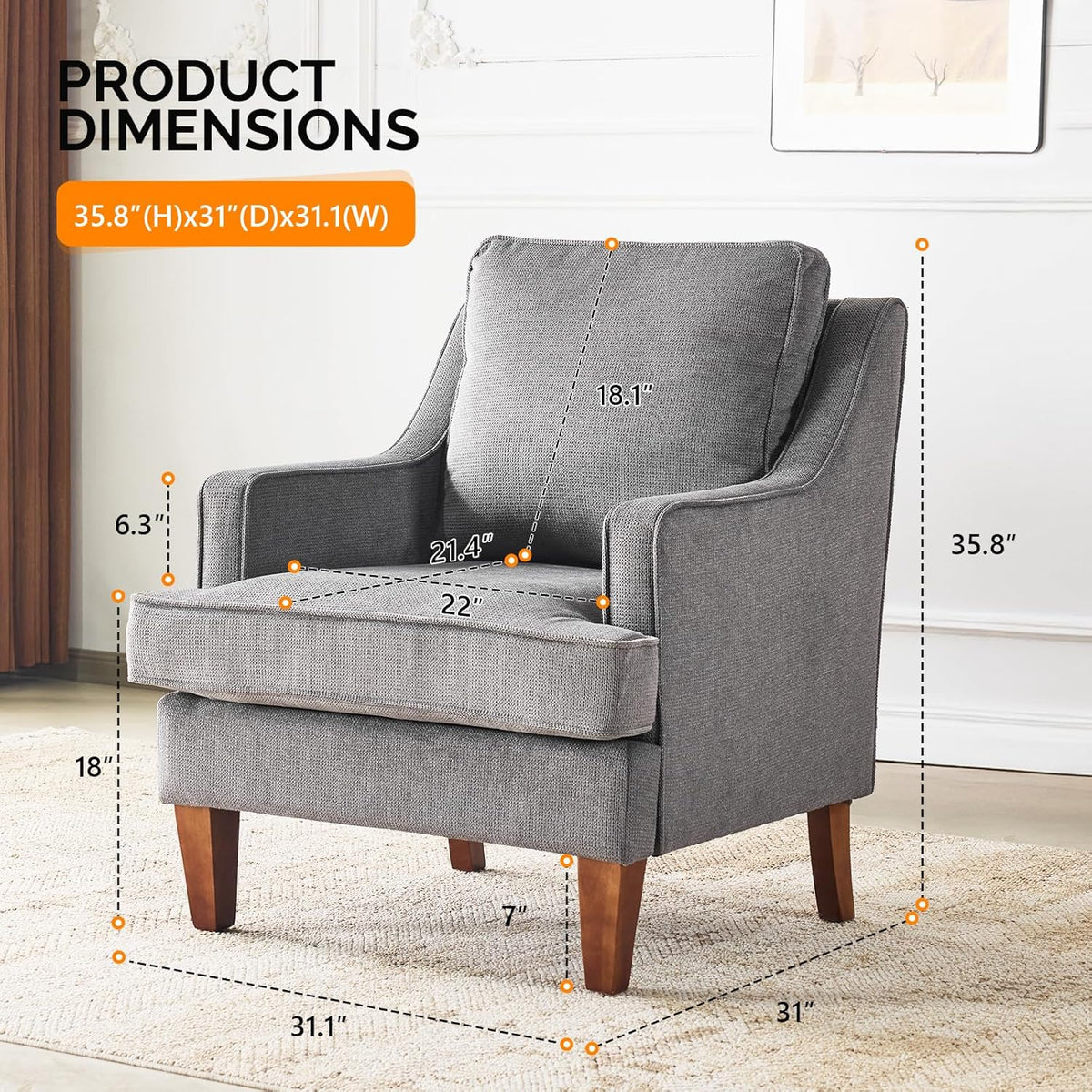 Mid-Century Modern Accent Chair, Light Grey Upholstered Armchair Comfy Sofa Chair Reading Chair High Back Bedroom