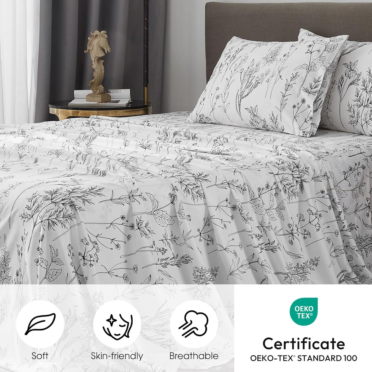 Deep Pocket Queen Sheets, Floral Patterned Black and White Cute 4pc - Set of 4