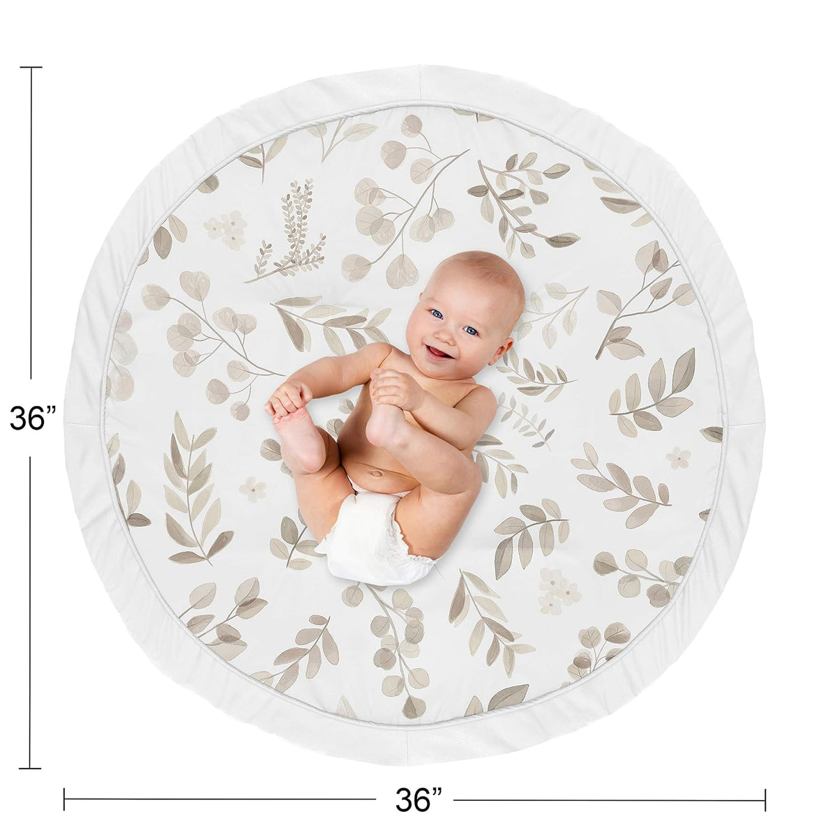 Leaf Boy or Girl Baby Playmat Tummy Time Infant Play Mat - Gender Neutral Floral Ivory Beige Taupe and White Gender