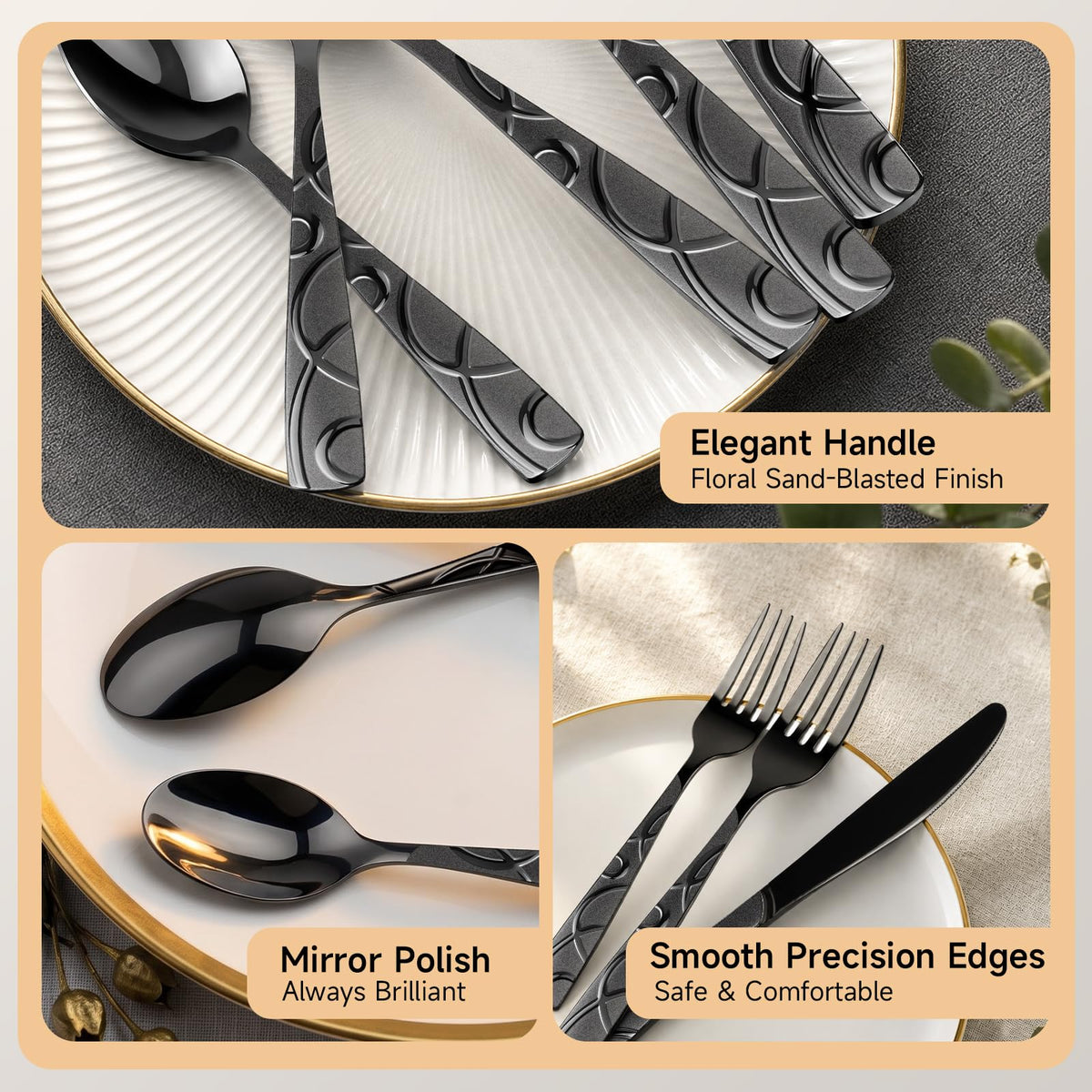 Black Silverware Set, 20 Piece Stainless Steel Cutlery Set for 4