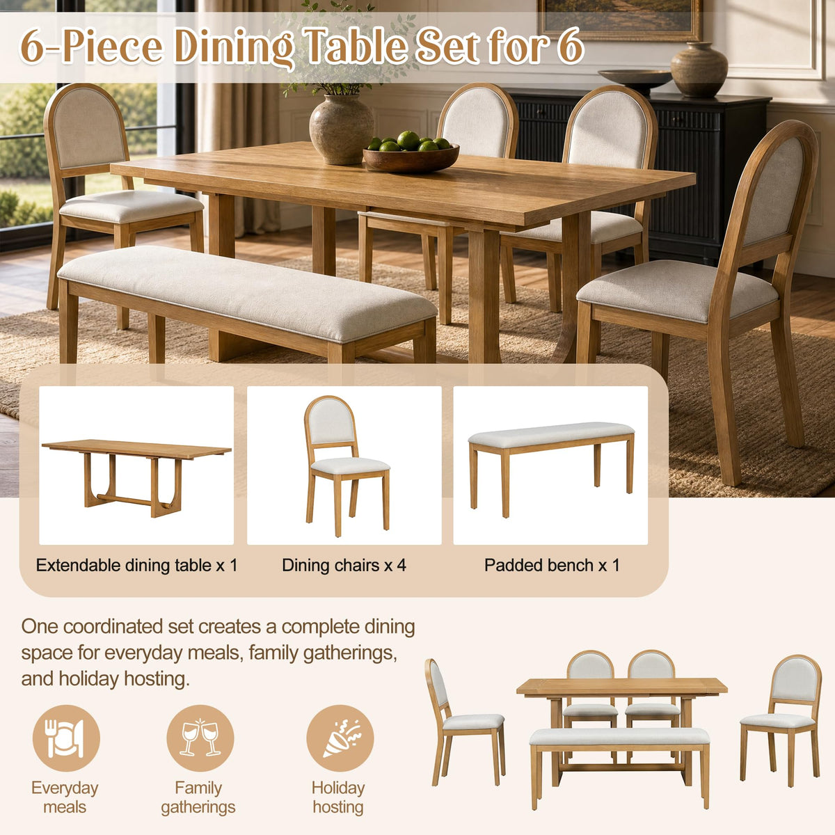 Farmhouse 6-Piece Extendable Solid Wood Dining Table Set for 6