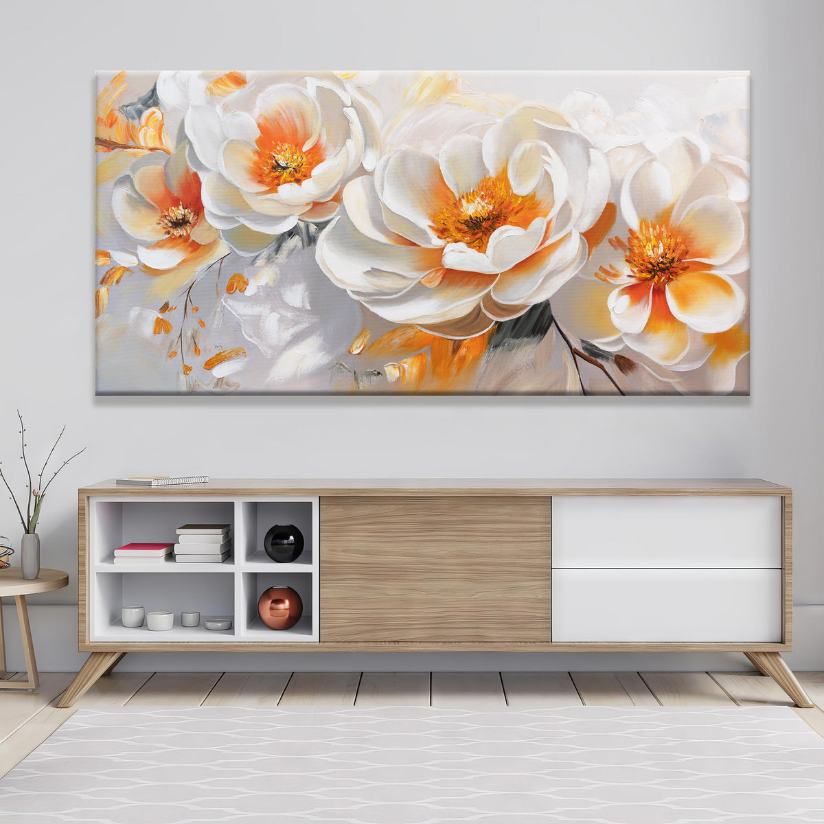 Large Wall Art Prints Modern Canvas Art Wall Decor 39" X 78" Painting Orange White Flower Wall Art Home Office Dining