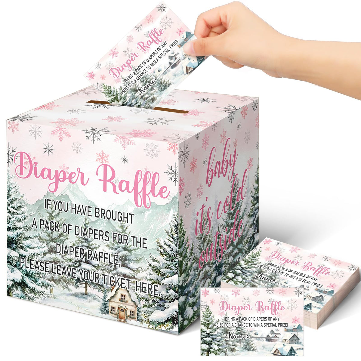 51 Pieces Diaper Raffle Tickets with Card Box, Pink Baby It's Cold Outside Style