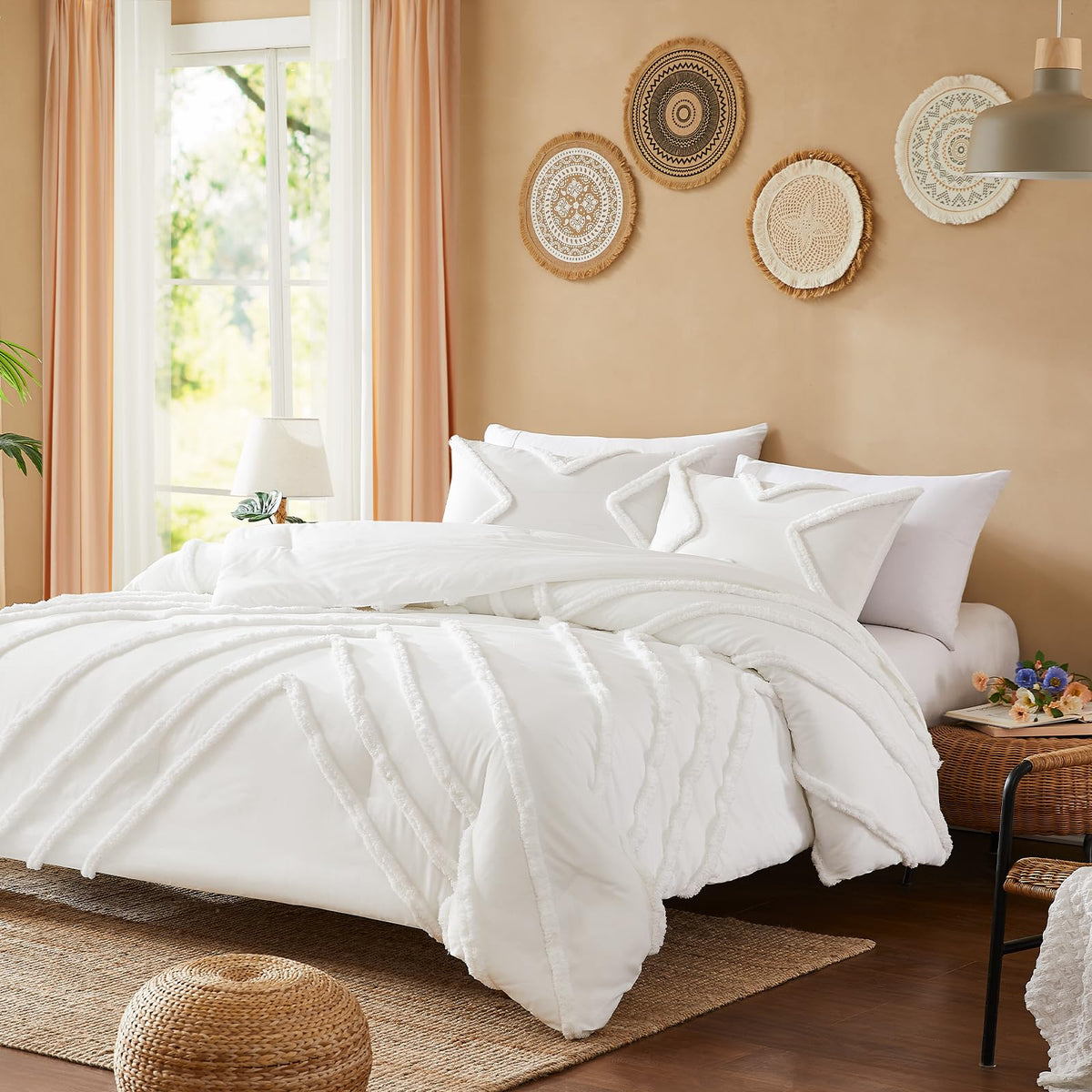 Queen Comforter Set Ivory Tufted Comforters Sets Bedding for Queen Bed 3PCS Boho Comforter Soft Fluffy Lightweight