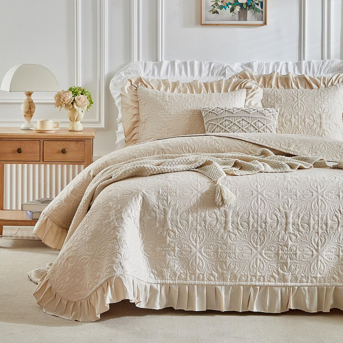 Ruffles Quilt Set 96 * 96in - 3 Pieces Solid Shabby Chic Farmhouse Ruffled Bedding Rustic Coverlet