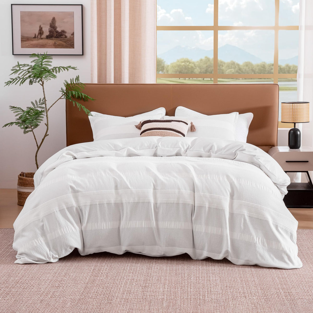 Full Duvet Cover Set, Striped Jacquard Bedding, Light Gray