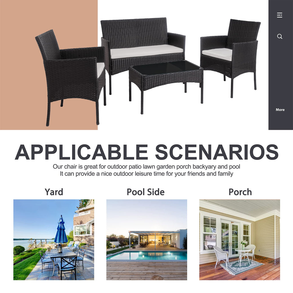 4 Piece Outdoor Patio Furniture Sets, Small Wicker Patio Conversation Furniture Rattan Chair Set with Tempered Glass