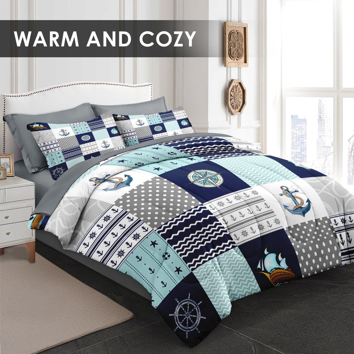 Queen Comforter Set with Sheets, 7 Pieces Nautical Blue Bedding