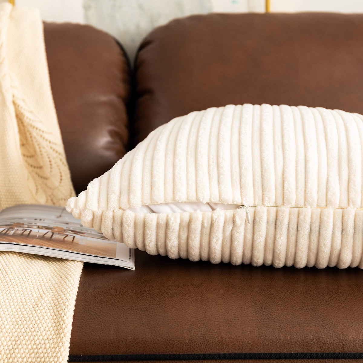 Pack of 2, Velvet Pillow Covers Striped, Soft Textured Throw Cushion Case Set, Accent Corduroy Lumbar Pillowcases