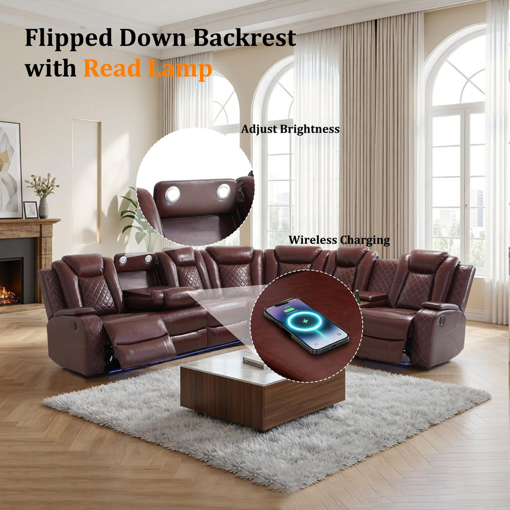 PU Leather Power Recliner Sectional, L-Shape Reclining Couch
