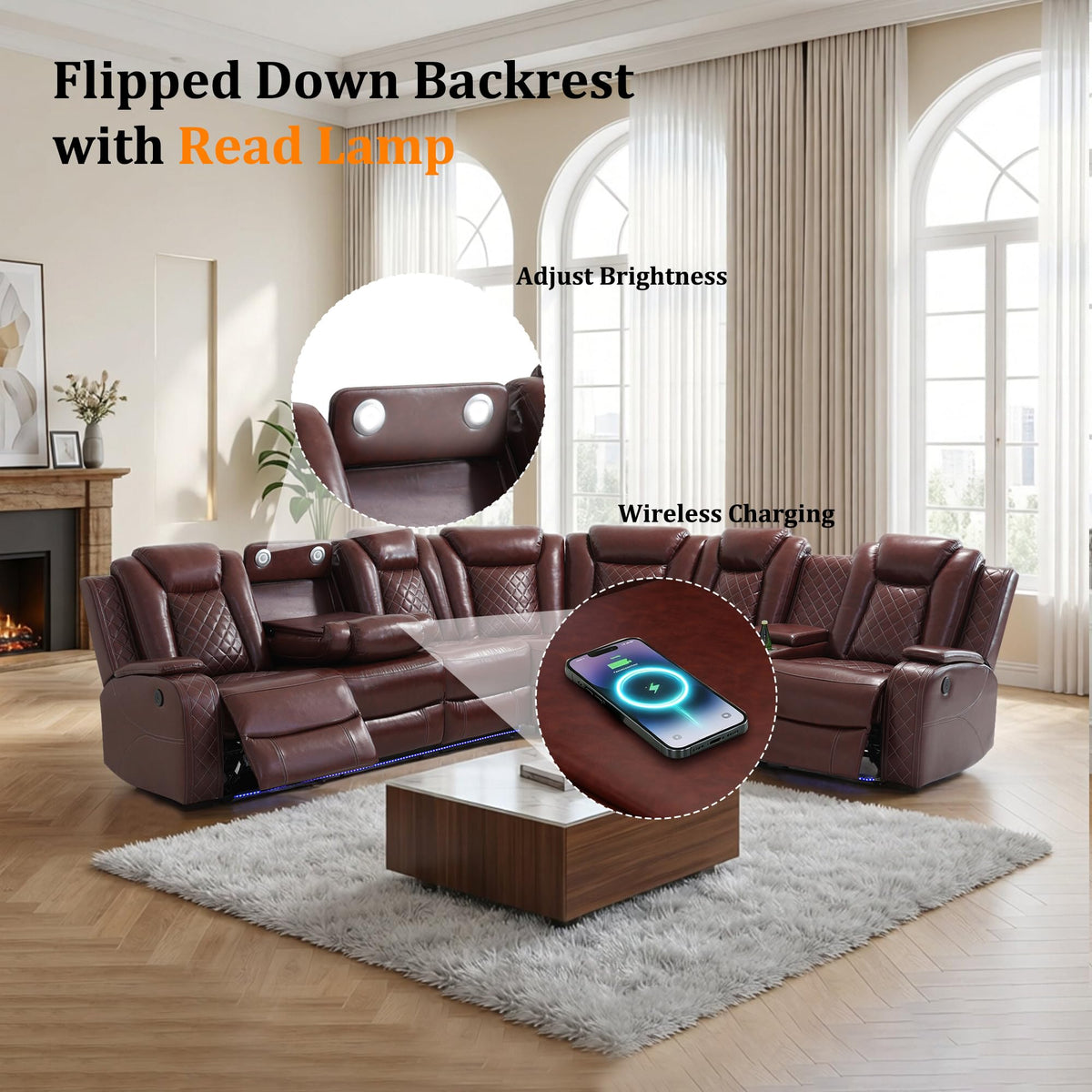 PU Leather Power Recliner Sectional, L-Shape Reclining Couch