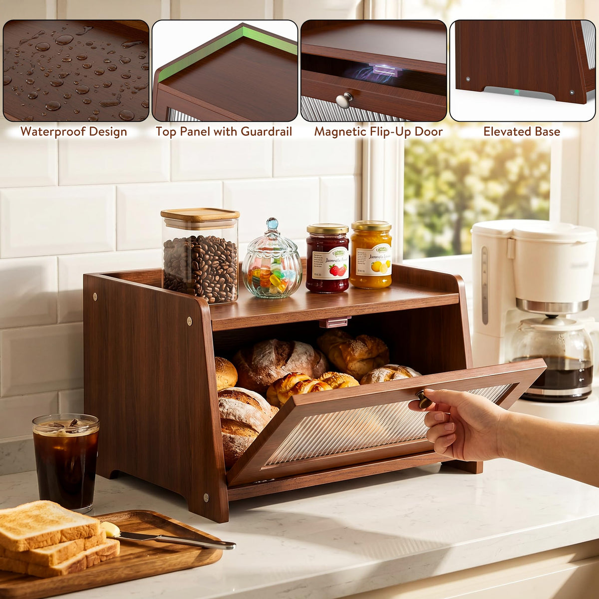 Bread Box - Wooden Countertop with Clear Acrylic View Window