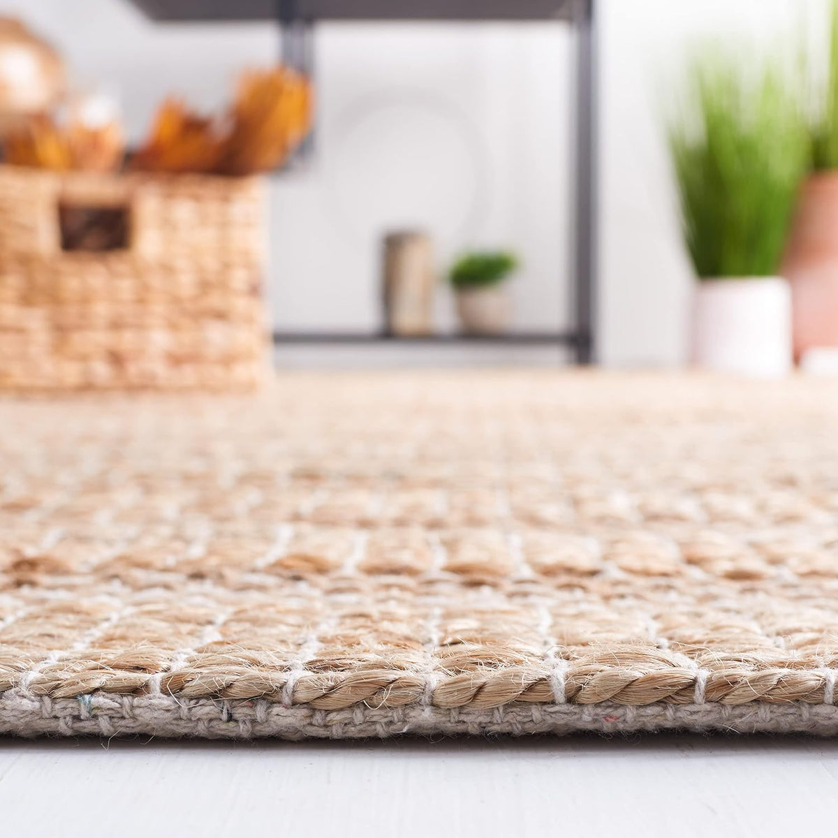 Natural Fiber Collection Area Rug, Ivory & Natural, Handmade Boho Farmhouse Rustic Jute & Cotton Jute