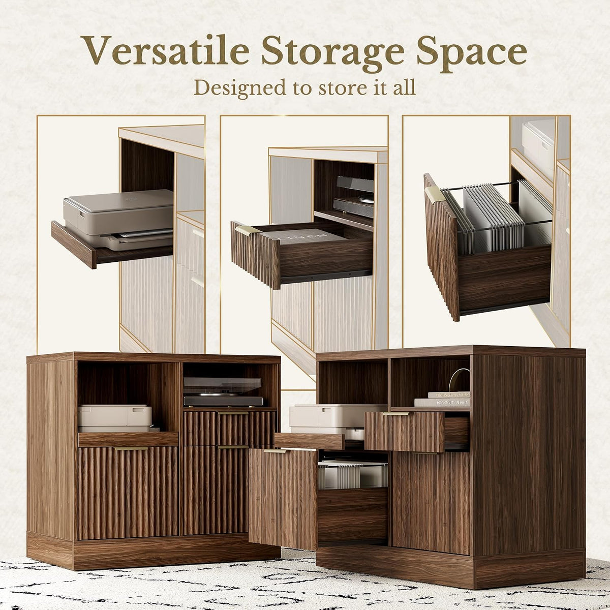 3 Drawer File Cabinet, Fluted Wood Lateral Filing Cabinet with Charging Station , Fits for A4/Letter-Sized Files
