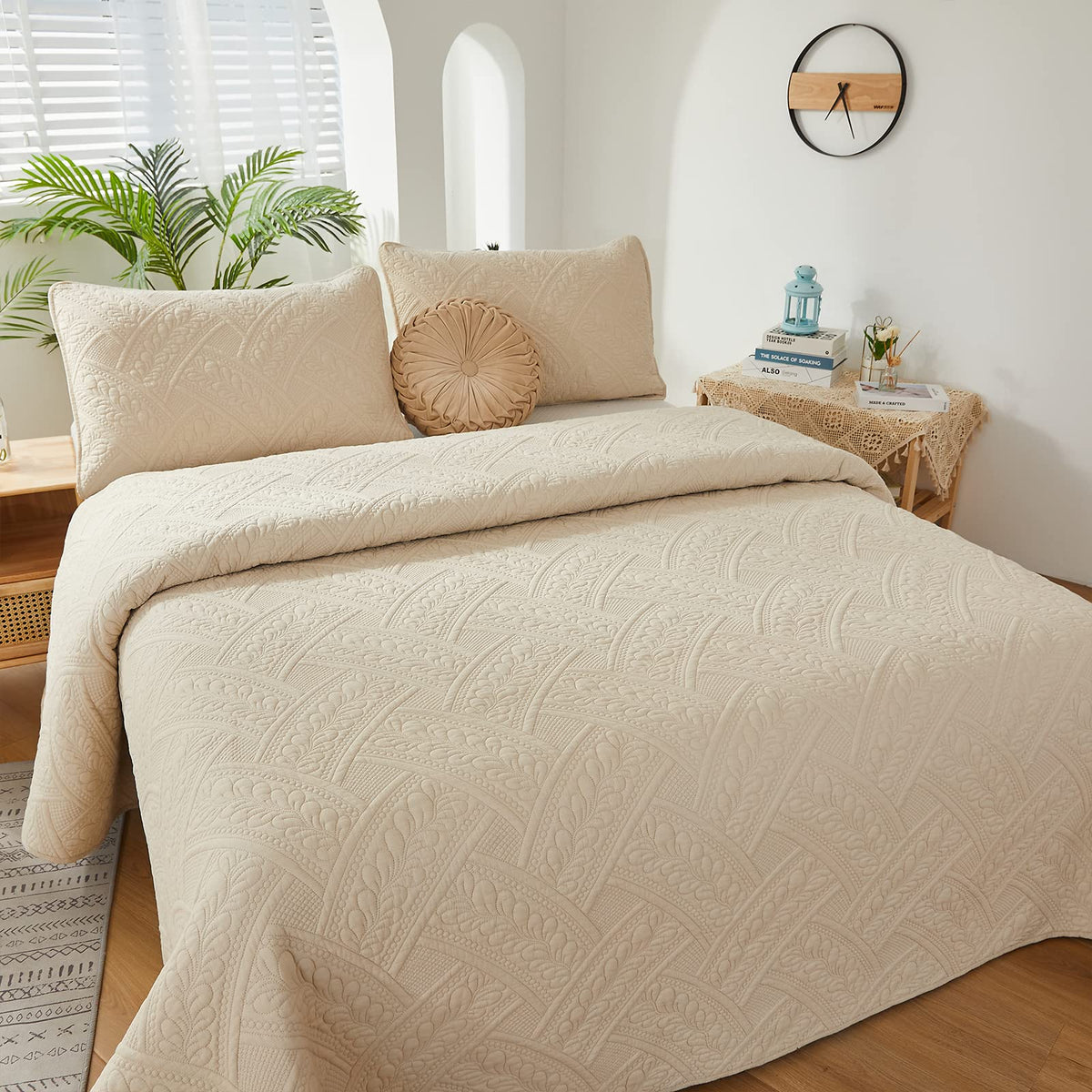 King Size Quilt Set Cotton Beige Quilts Farmhouse Matelasse Bedding Covetlet Set 3-Piece