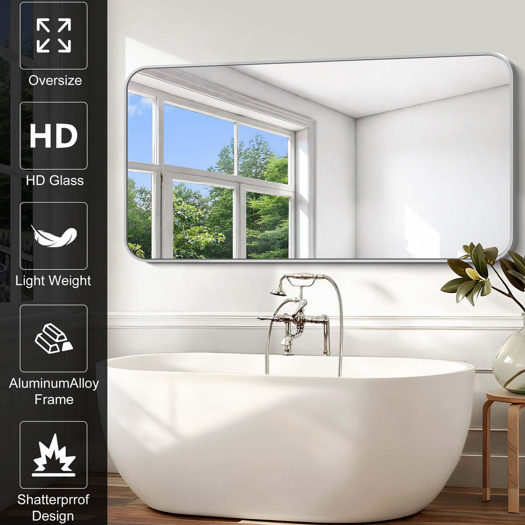 Silver Bathroom Mirror, 72 x 36 Inch Large Rectangle Mirror, Rectangular Vanity Mirror Aluminum Metal Frame, Rounded