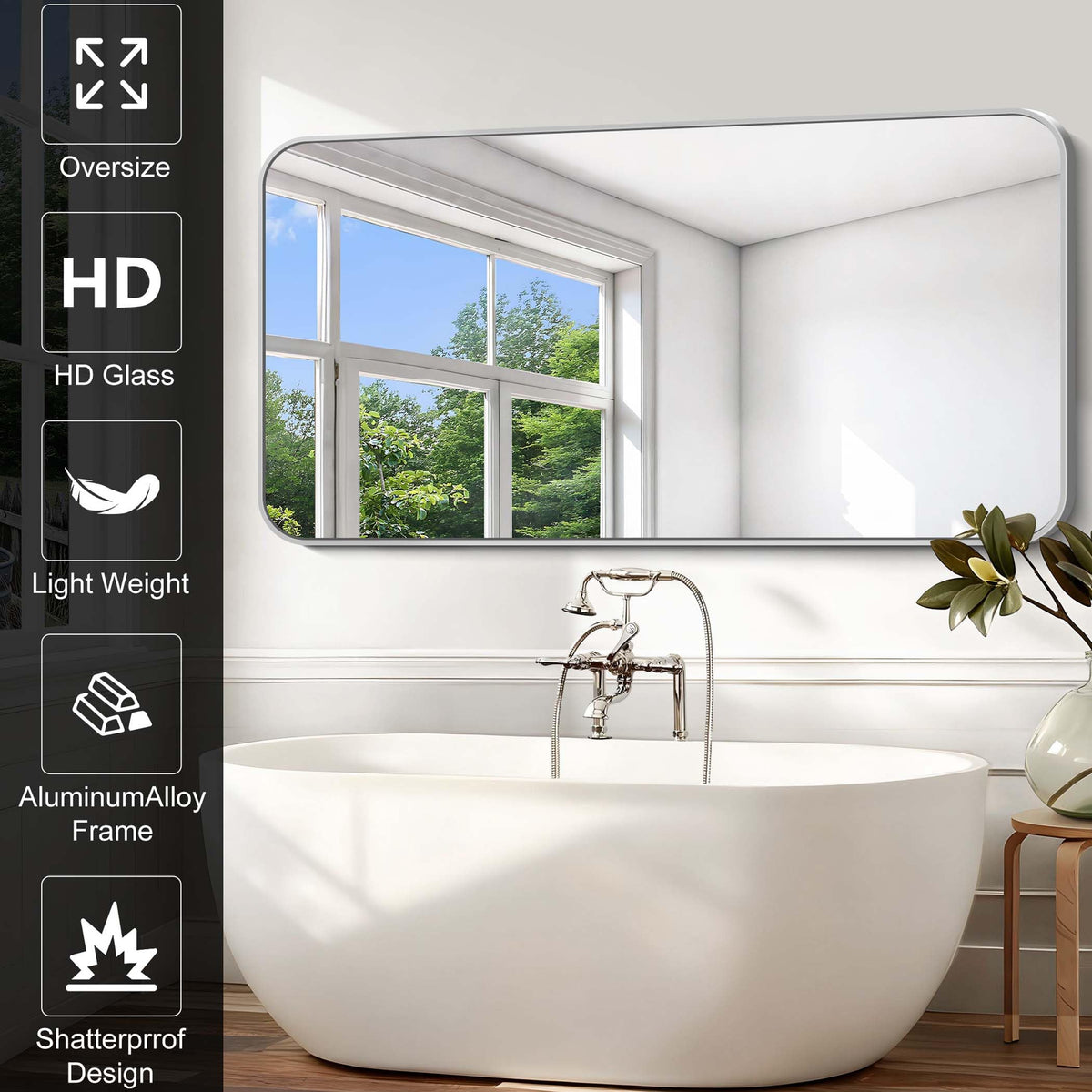 Silver Bathroom Mirror, 72 x 36 Inch Large Rectangle Mirror, Rectangular Vanity Mirror Aluminum Metal Frame, Rounded