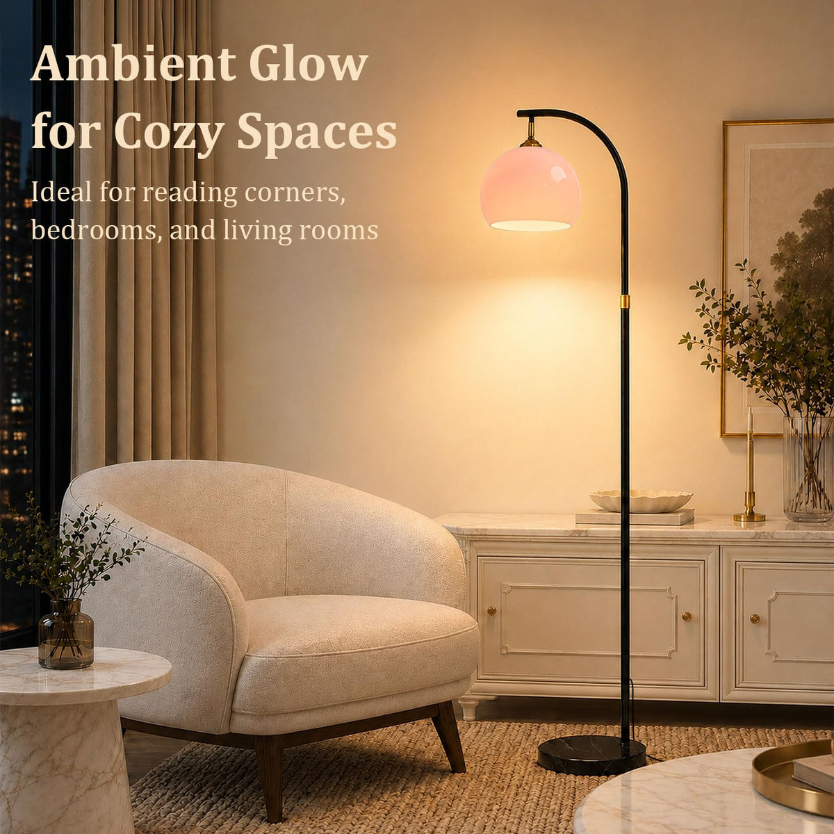 Inspired Arco Style Pink Arc Floor Lamp with Natural Marble Base, Mid Century Modern