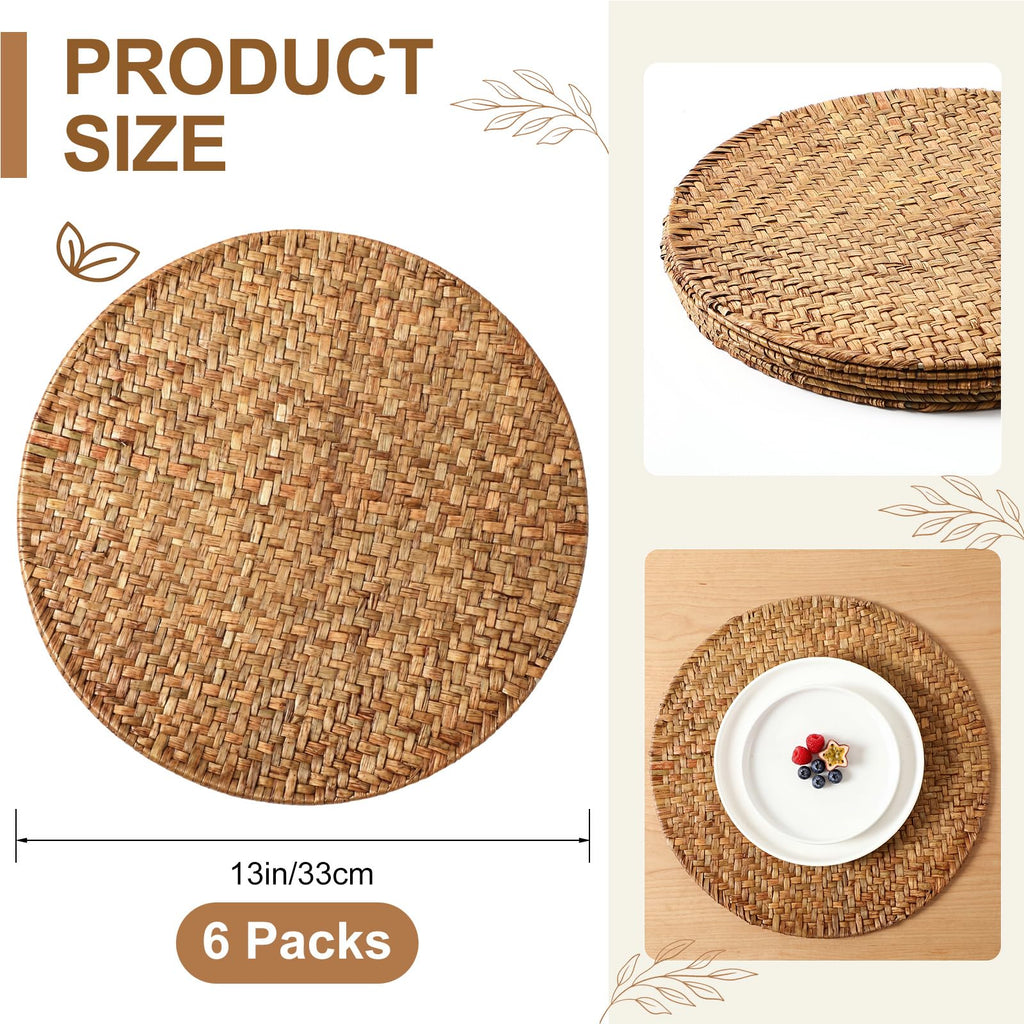 6 Set 13 Inch Rattan Round Placemats Natural Seagrass Woven Placemats Stained Brown Rattan Wicker Table Mats Boho