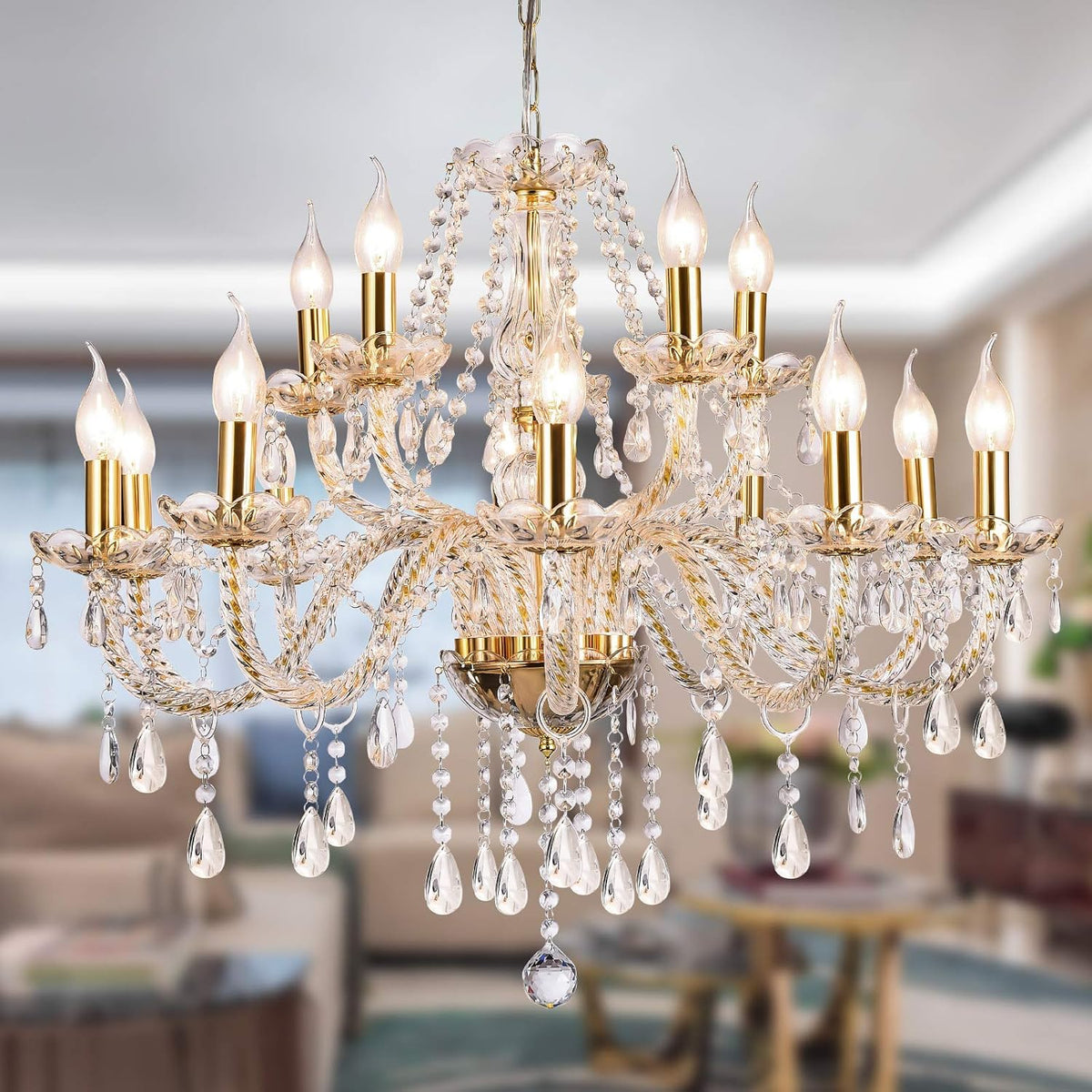 Fifteen-Light K9 Crystal Candle Chandelier for Grand Foyers