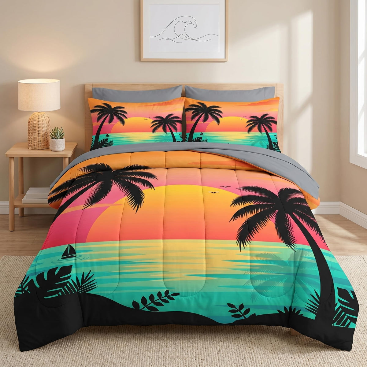 Comforter Set with Sheets, 5 Pieces Beach Sunset Bedding