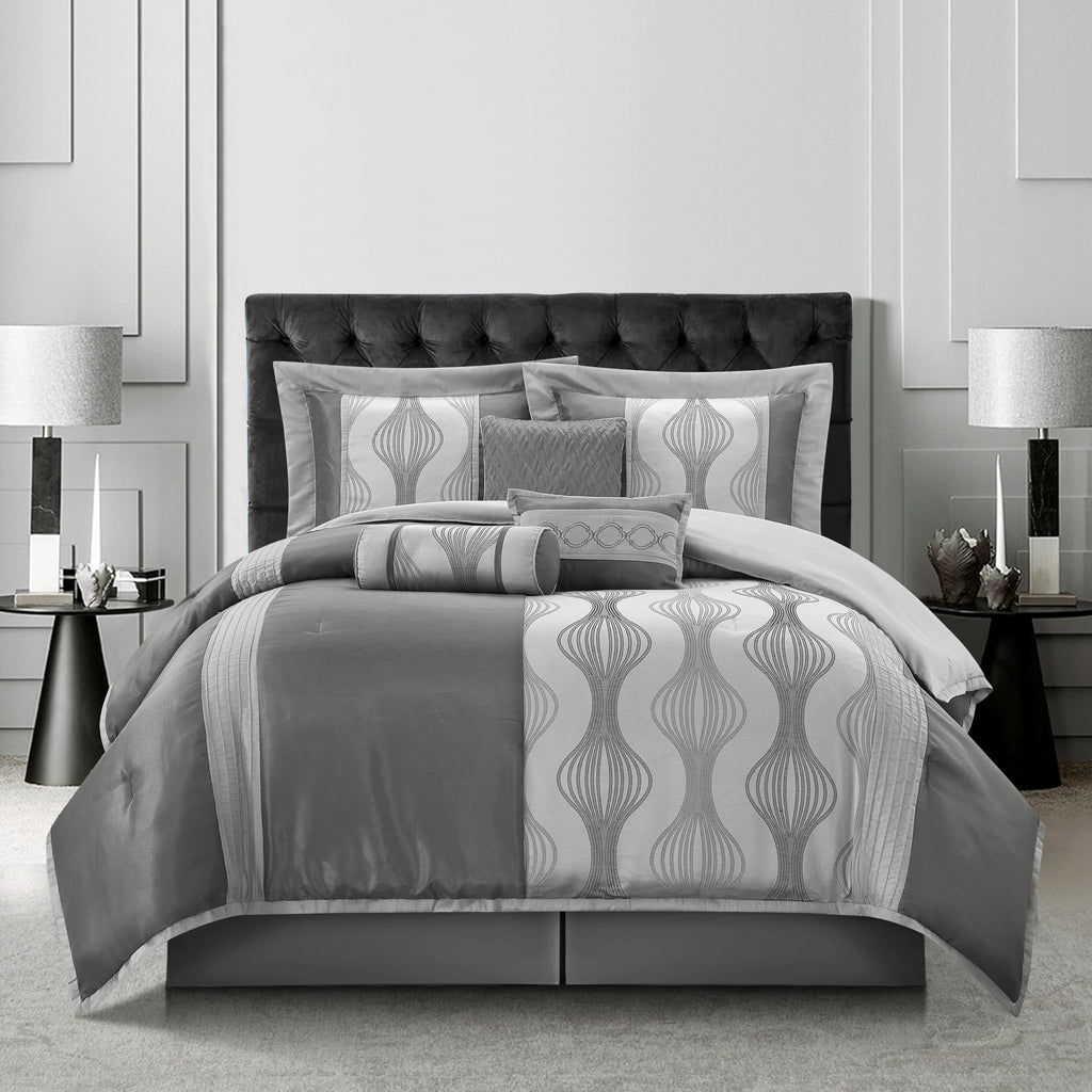 7 Piece Grey Comforter Set, Jacquard Bedding Set, All Season Geometric Patchwork Bedding Set, Matching