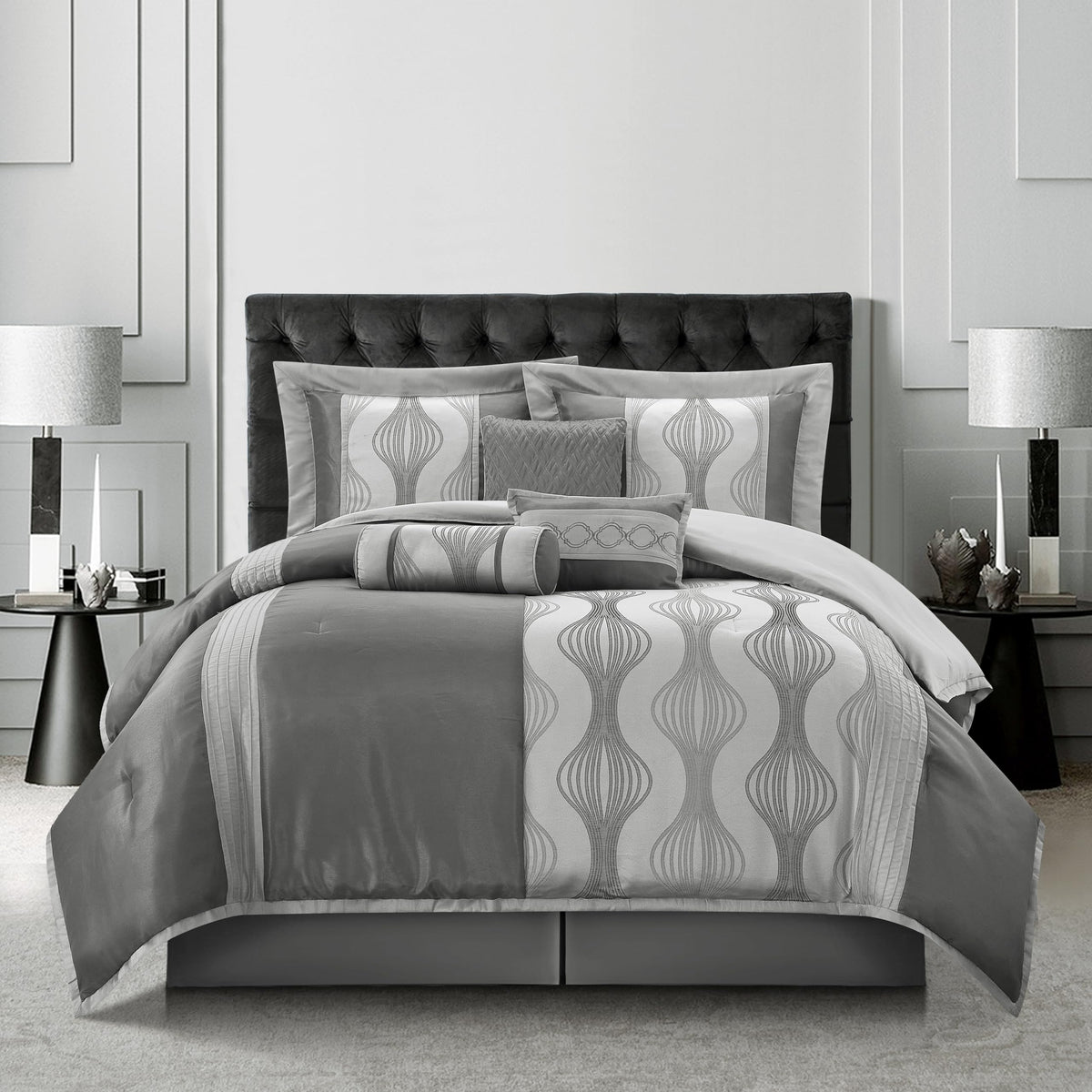 7 Piece Grey Comforter Set, Jacquard Bedding Set, All Season Geometric Patchwork Bedding Set, Matching