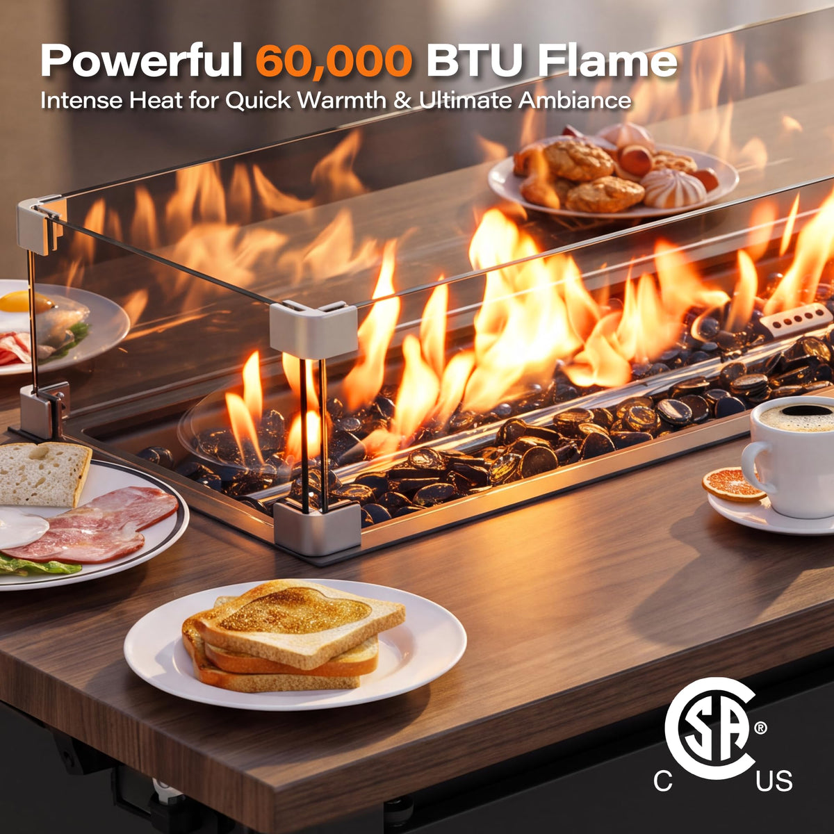 Propane Fire Pit Table 43 Inch with Lid, 60, 000 BTU Gas Fire Pits for Outside Patio with Glass Wind Guard, Dark Black