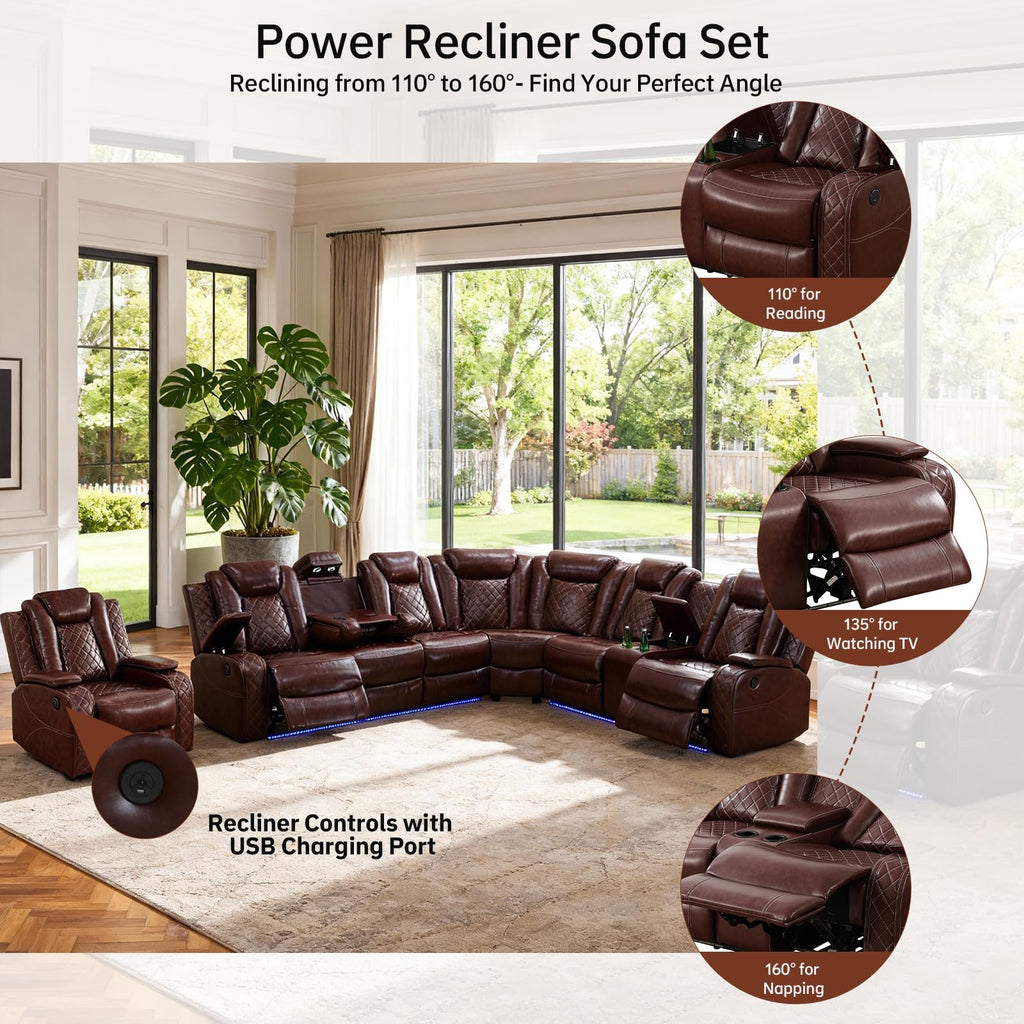 Power Recliner Sofa Set, Living Room Furniture Sets, Leather Sectional Sofa Set with Reclining Chair, LED Lights, Cup